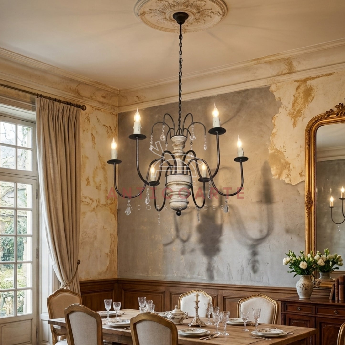 AnticoArte 6-Arm Whitewashed Wood Crystal Chandelier | Two-Tier French Country Candelabra Ceiling Light | Farmhouse Wooden Chandelier with Crystal Drops for Dining Room & Living Room Décor