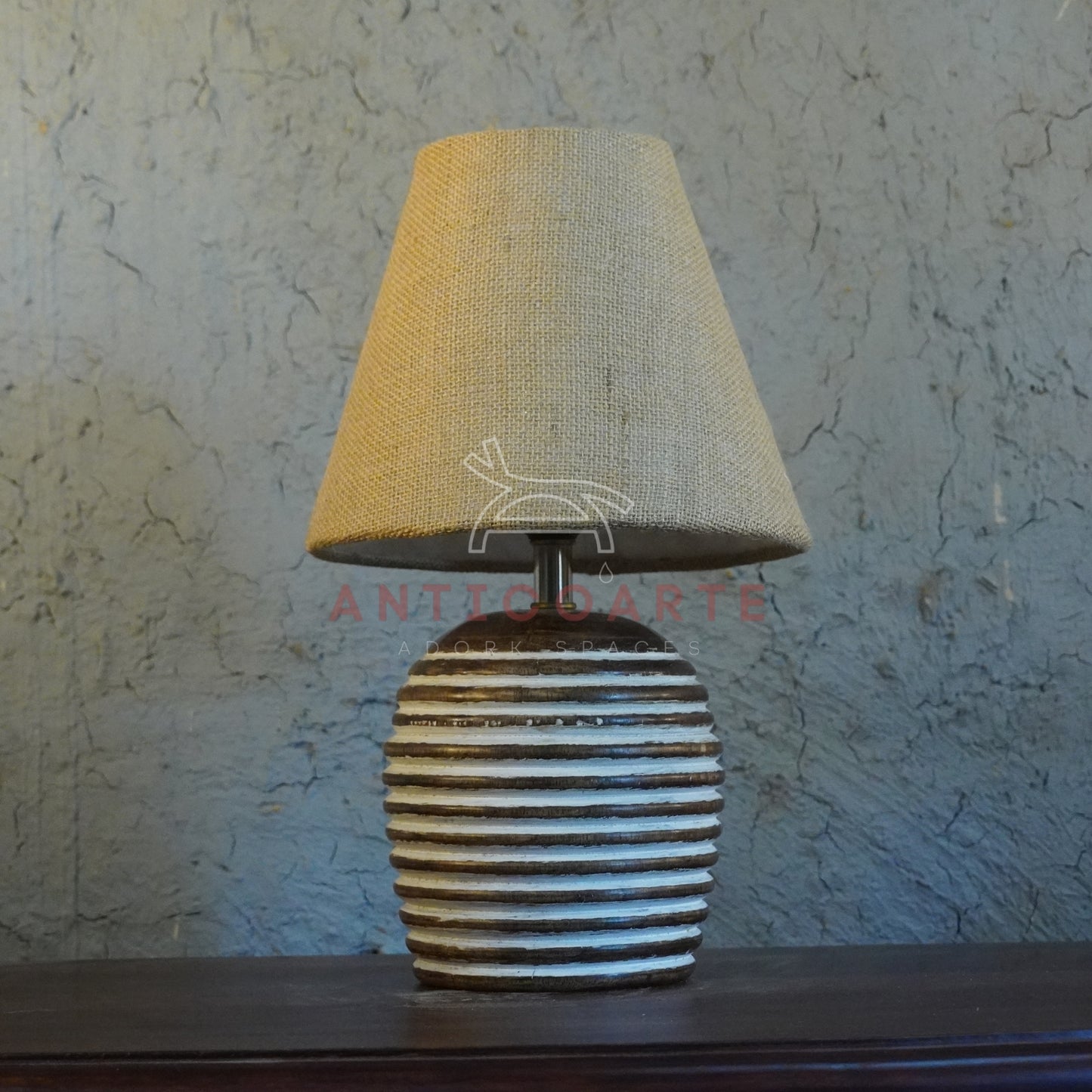 AnticoArte Ribbed Wooden Table Lamp | Textured Burlap Tapered Shade Bedside Lamp | Hand-Carved Grooved Barrel Base Light for Rustic & Boho Decor
