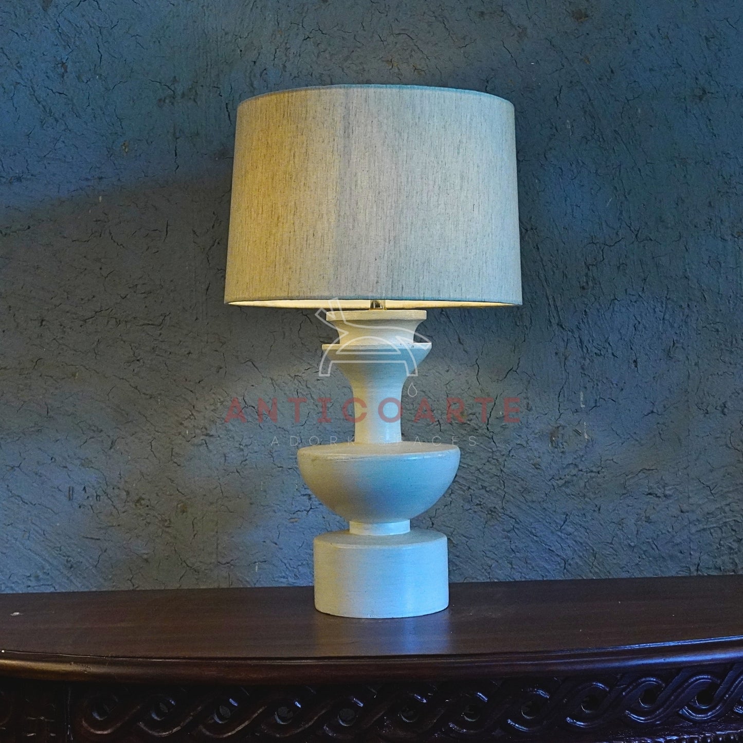 AnticoArte Sculptural Stacked Geometric Table Lamp | Matte Dusty Blue Finish with Natural Linen Shade | Mid-Century Modern Totem Bedside Light for Home & Hotel Decor