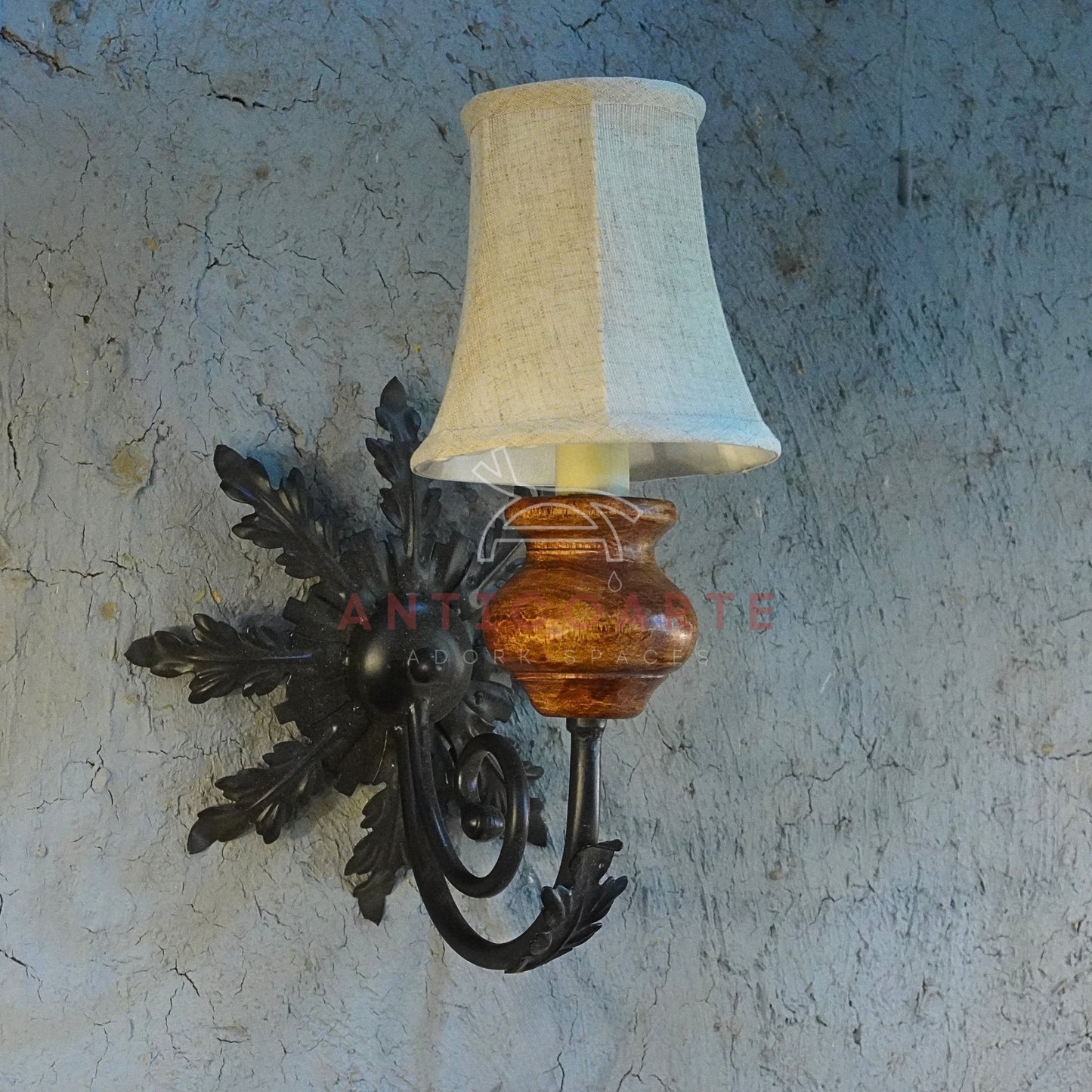 AnticoArte Acanthus Leaf Wall Sconce | Mango Wood & Wrought Iron Single Arm Wall Lamp | Botanical Antique Wall Light with Linen Shade for Home & Hotel Decor