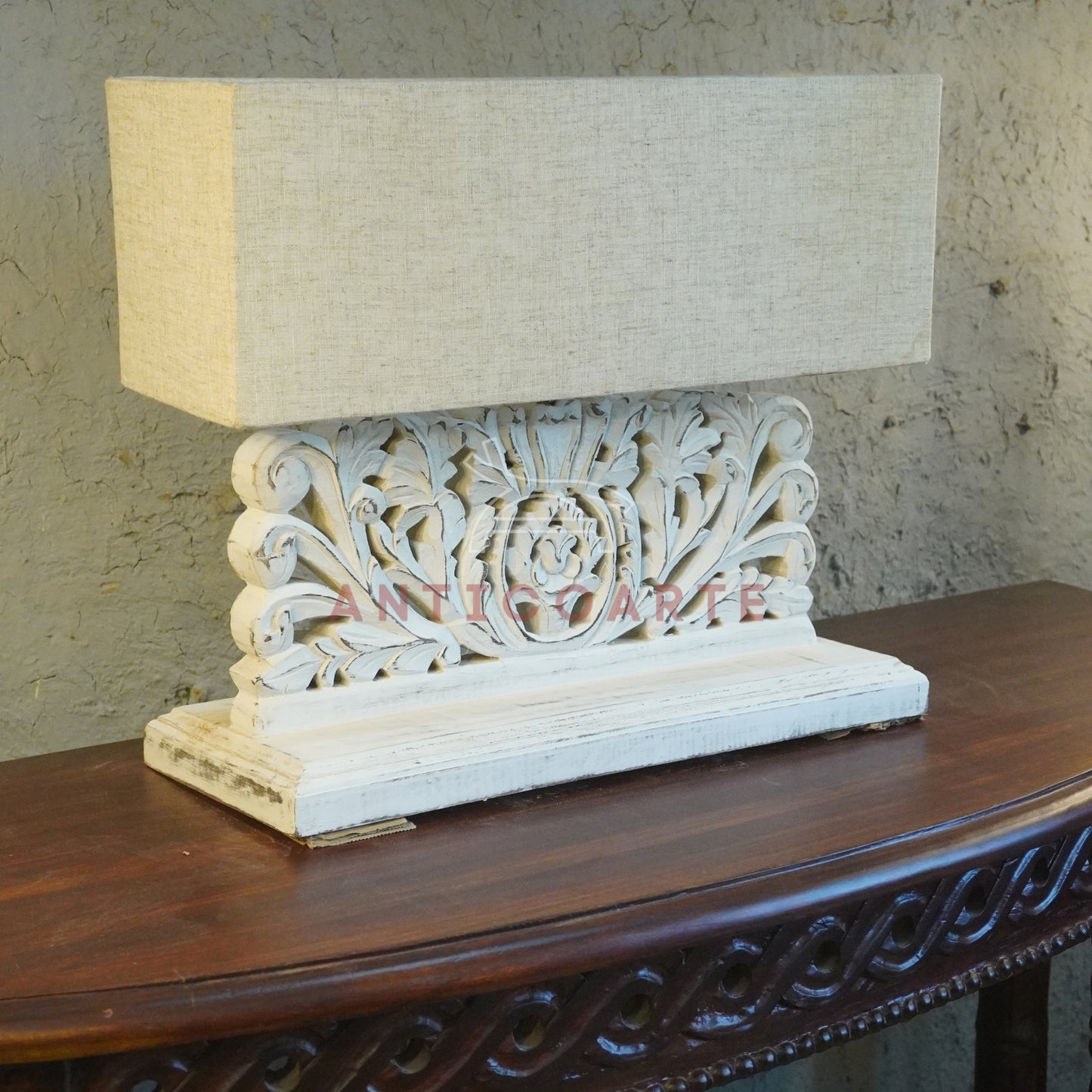 AnticoArte Hand-Carved Floral Scroll Wooden Table Lamp | Rectangular Natural Linen Shade | Distressed Whitewash Console Lamp for Vintage & Farmhouse Decor
