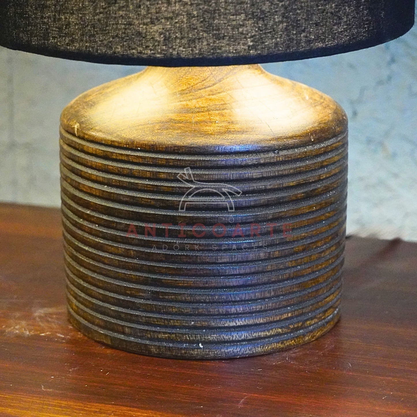 AnticoArte Ribbed Wood Table Lamp | Black Drum Shade Bedside Lamp | Hand-Turned Grooved Wooden Base Table Light for Home & Hotel Decor