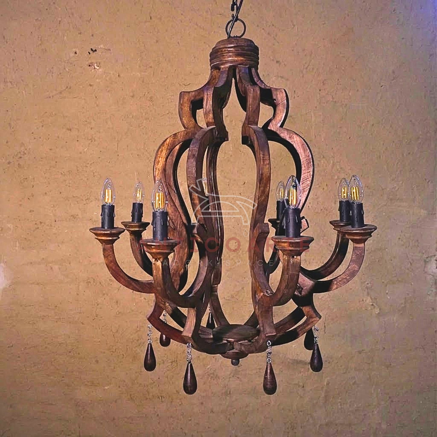 AnticoArte 8-Arm Crown Mango Wood Chandelier | Hand-Carved Wooden Candelabra Chandelier with Teardrop Pendants | Colonial Baroque Ceiling Light for Dining Room, Hotel & Heritage Decor