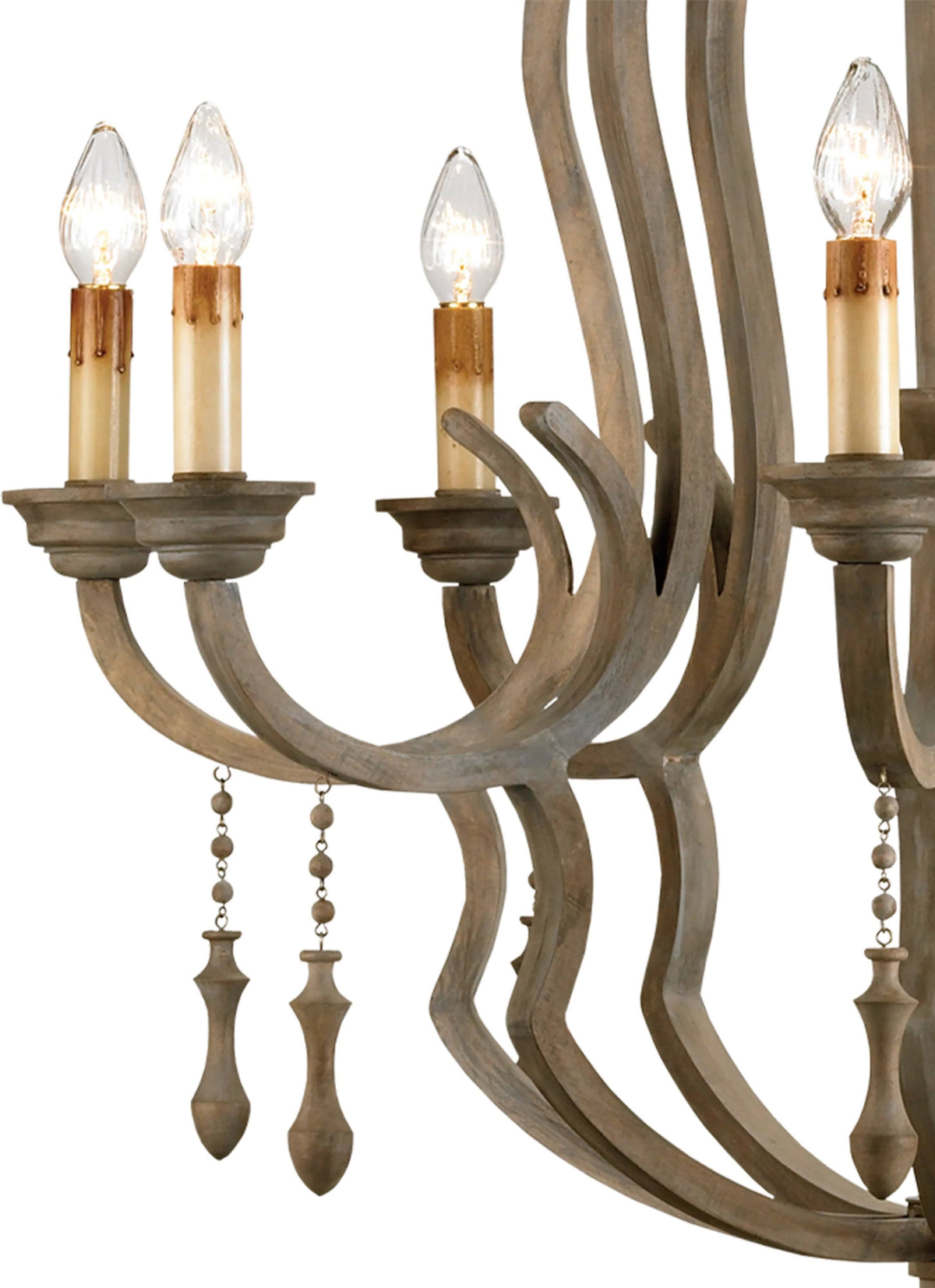 Rustic brown eight-light chandelier with an ornate scrolled frame and hanging wooden droplet accents.