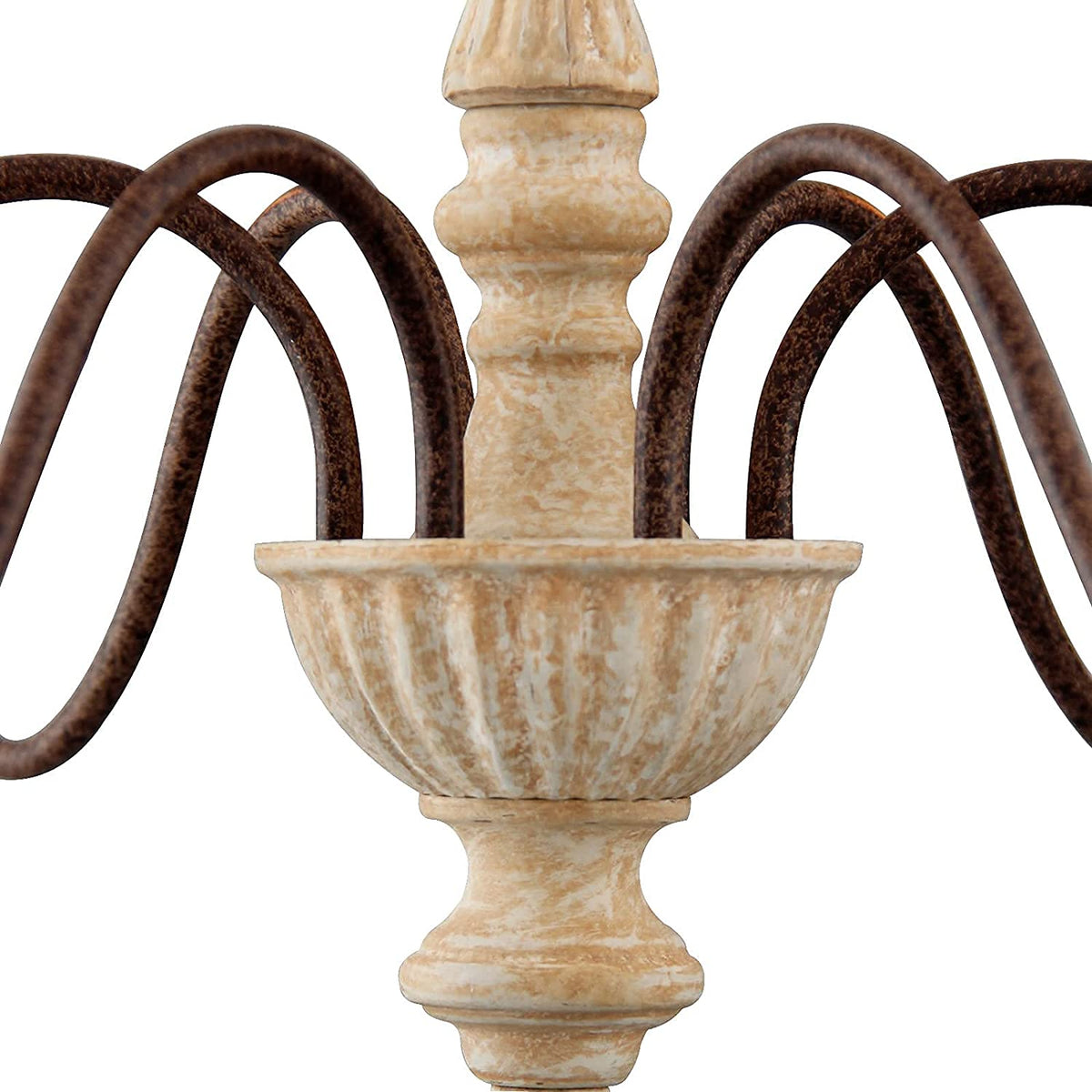 An elegant antique-style metal chandelier featuring sweeping curved arms, candle-style bulbs, and decorative crystal pendants illuminated by warm yellow light.