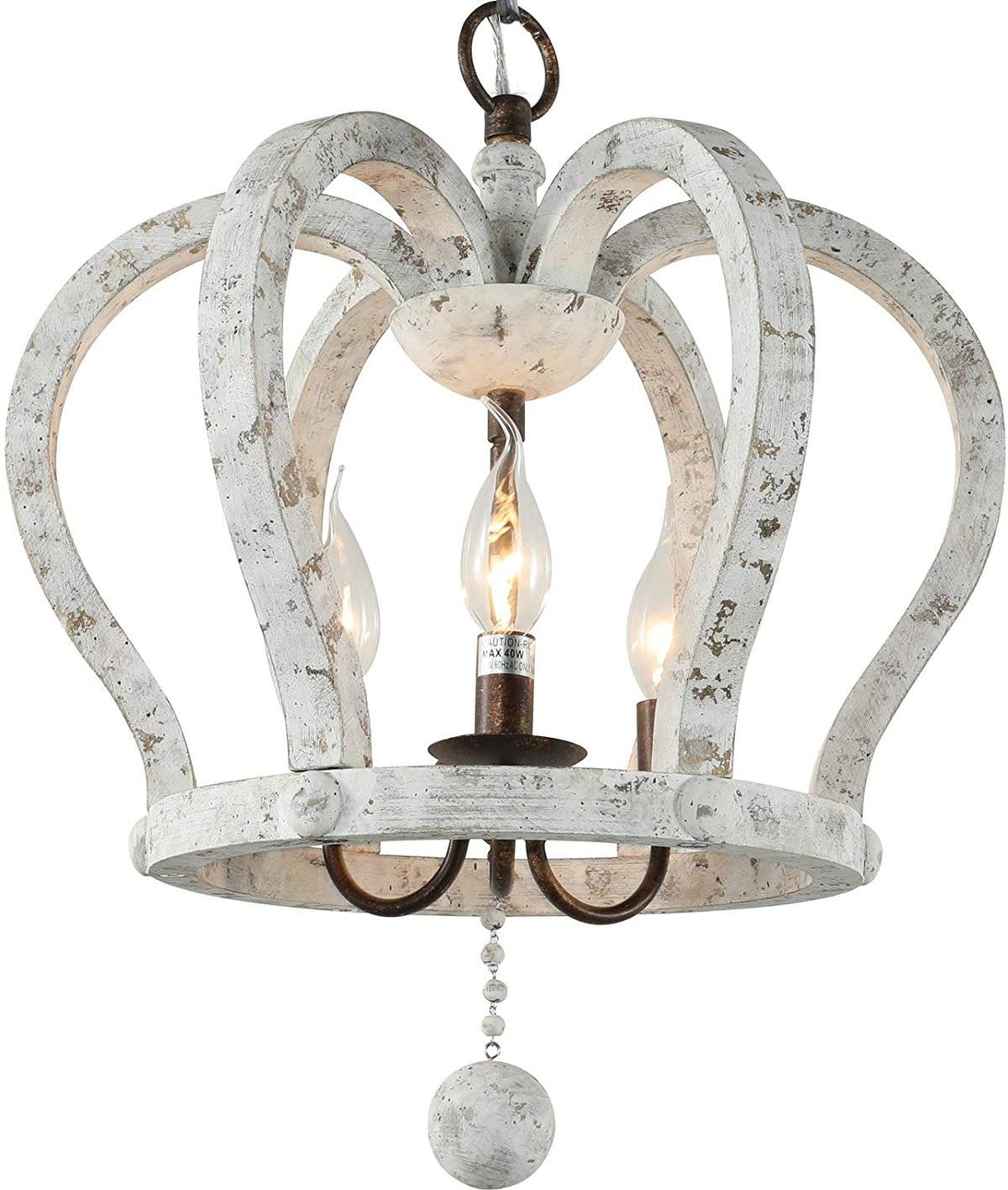 A 3-light crown-shaped chandelier with a distressed white wood finish hanging from a metal chain.