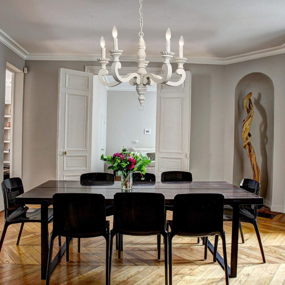5-light distressed white wooden chandelier with traditional candle-style