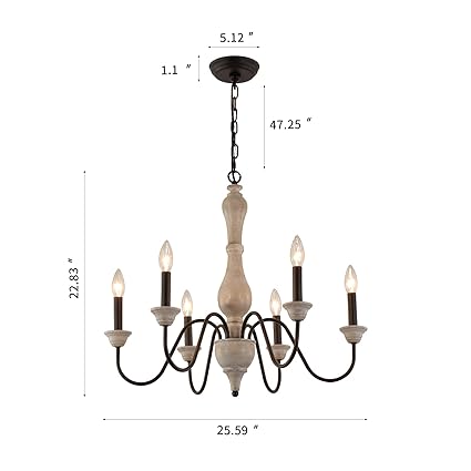 French country wooden chandelier with six glowing candle lights, distressed finish, and antique design