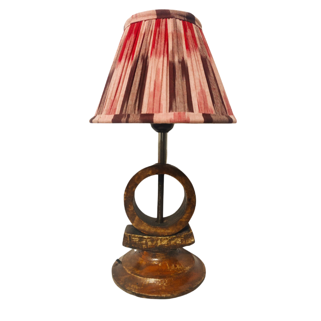Handmade vintage wooden table lamp with an earthy wicker woven lampshade