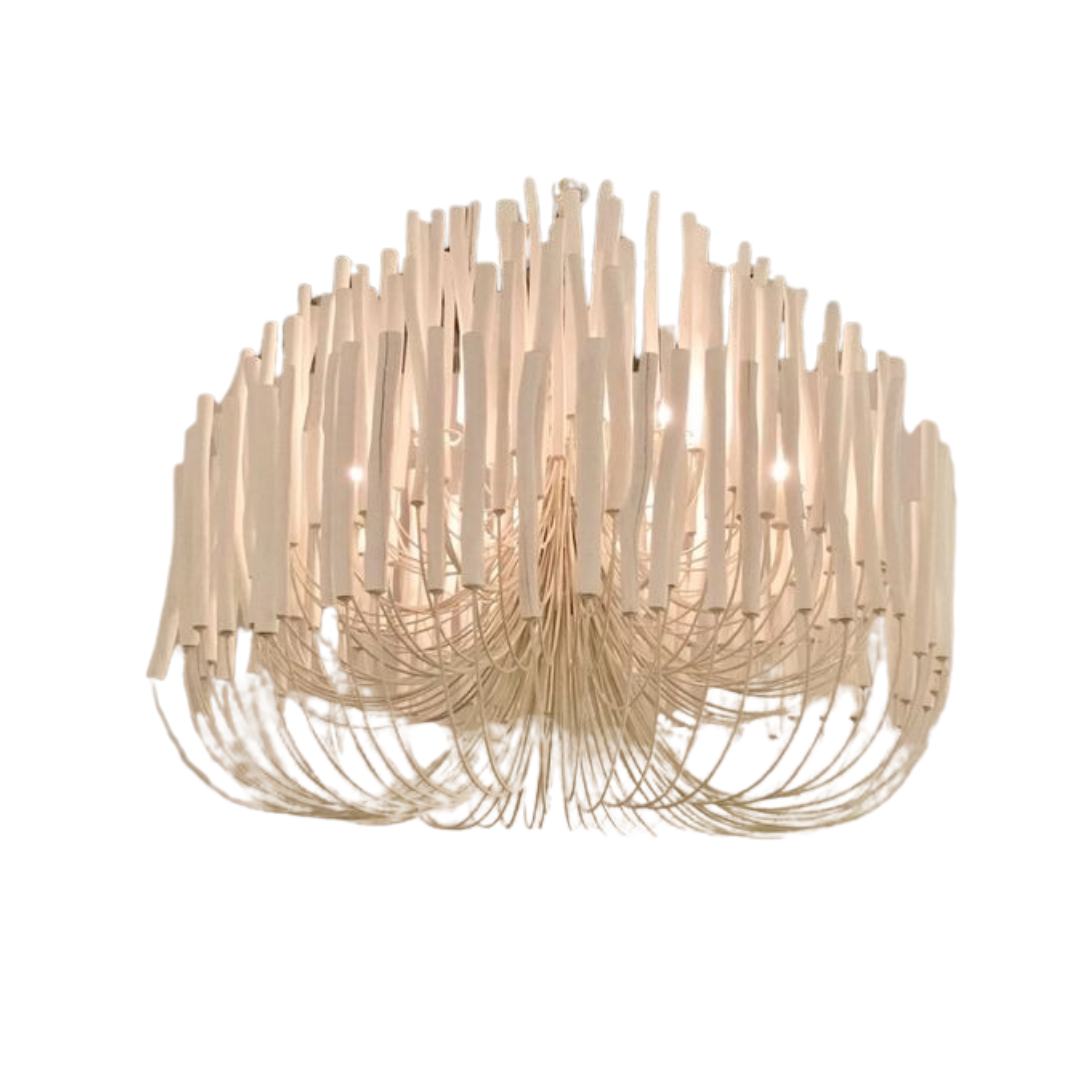 A modern white chandelier made of curved wooden sticks hanging in a tiered, organic shape.