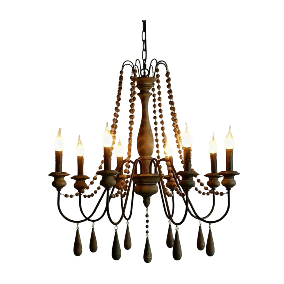 Antique candle-style farmhouse chandelier featuring dark wood finishes and bead strands.