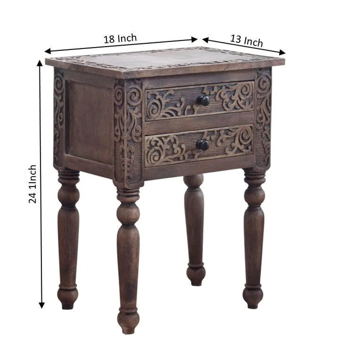 Traditional brown wooden side table featuring intricate floral carvings on two drawers