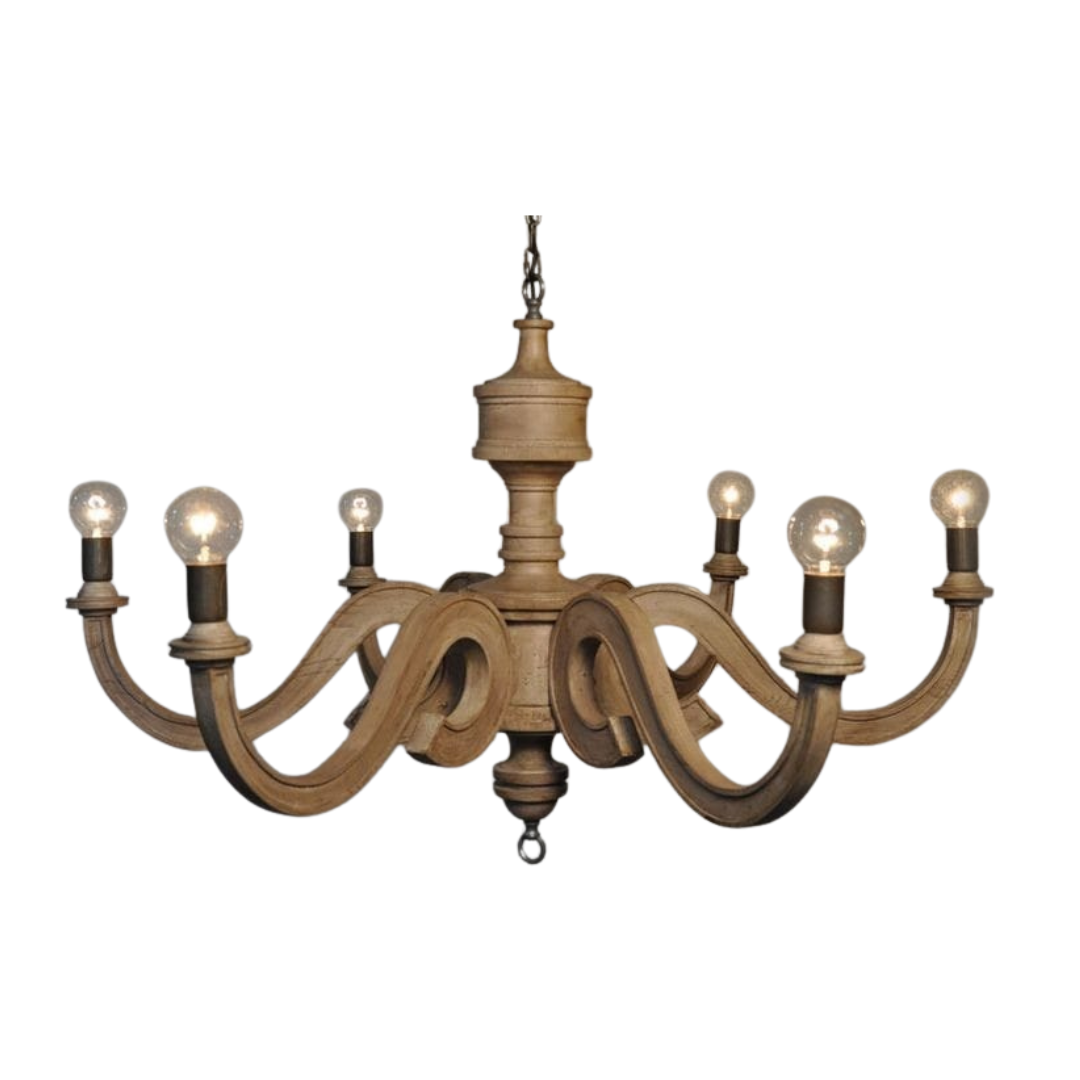 Rustic 6-light wooden farmhouse chandelier with candle-style bulbs