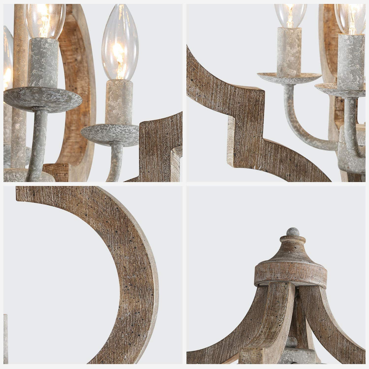 A 4-light rustic wooden chandelier with a distressed finish and a vintage