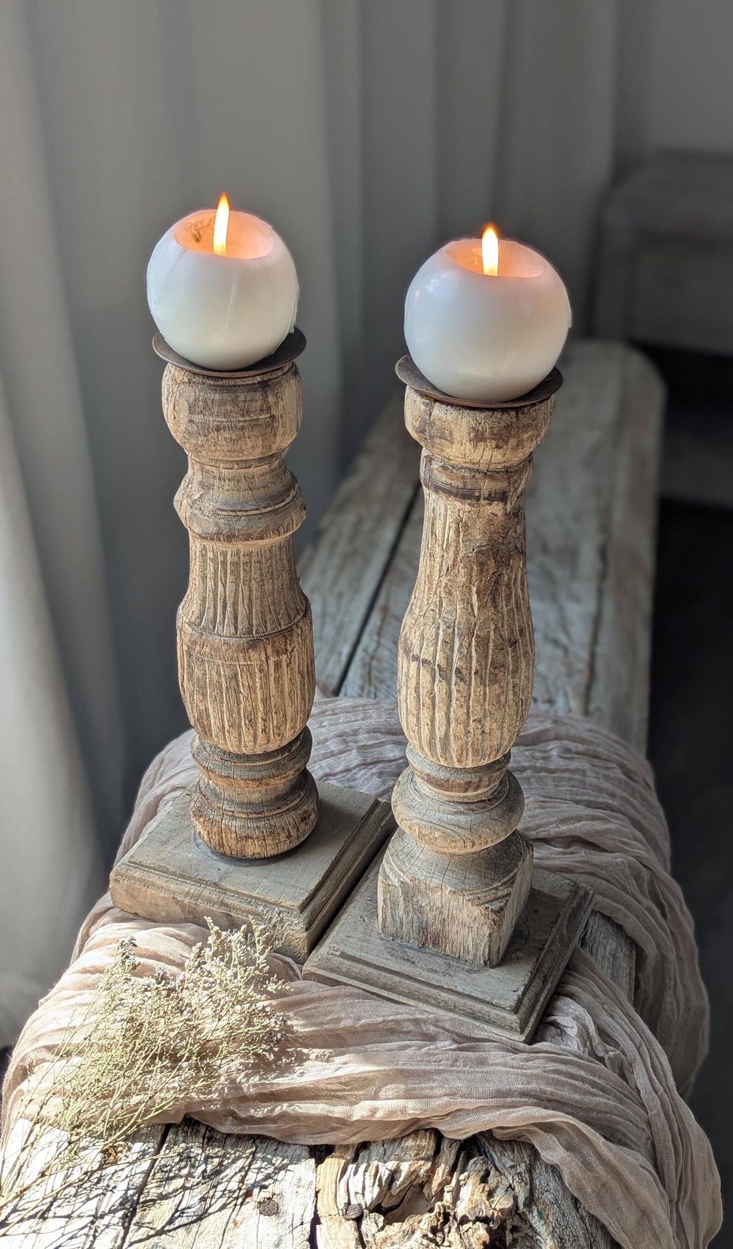 ArteWick Antique Wooden Candle Holder Set of 2 -Anticoarte