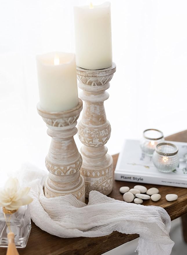 Handcrafted Antique White Wooden Candle Holder Set of 2 -Anticoarte