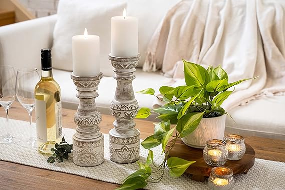 Handcrafted Antique White Wooden Candle Holder Set of 2 -Anticoarte