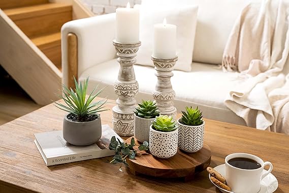 Handcrafted Antique White Wooden Candle Holder Set of 2 -Anticoarte