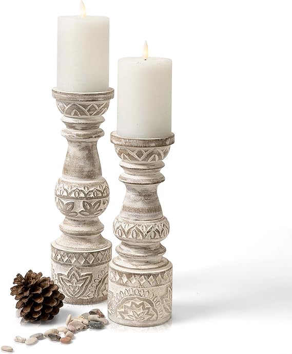 Handcrafted Antique White Wooden Candle Holder Set of 2 -Anticoarte