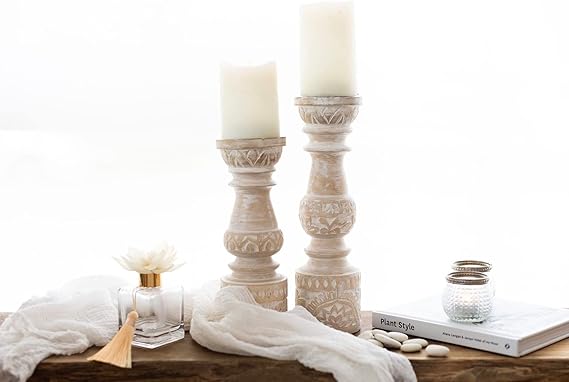 Handcrafted Antique White Wooden Candle Holder Set of 2 -Anticoarte