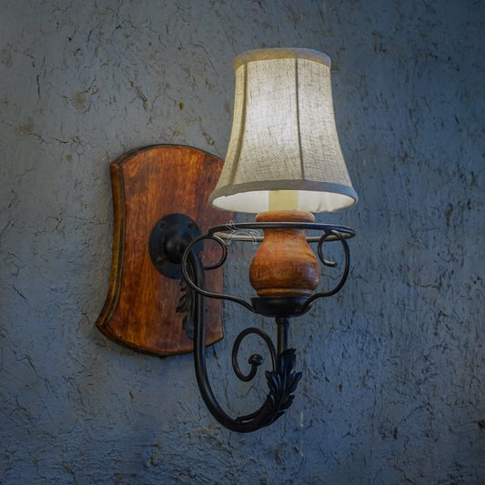 Anticoarte Rustic Wall Sconce | Wrought Iron & Wood Wall Lamp with Fabric Shade | Vintage Antique Wall Light for Home Decor