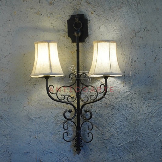 AnticoArte Double Arm Wrought Iron Wall Sconce | Twin Linen Shade Vintage Wall Lamp | Antique Black Iron Wall Light for Home & Hotel Decor