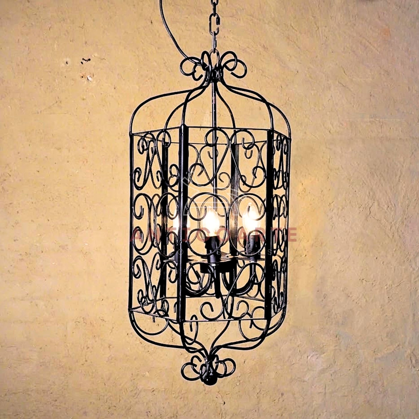 AnticoArte Scroll Cage Lantern Chandelier | Hand-Forged Black Iron Filigree Pendant Light | Gothic Victorian Birdcage Hanging Ceiling Light for Living Room, Corridor & Heritage Hotel Decor