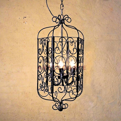 AnticoArte Scroll Cage Lantern Chandelier | Hand-Forged Black Iron Filigree Pendant Light | Gothic Victorian Birdcage Hanging Ceiling Light for Living Room, Corridor & Heritage Hotel Decor