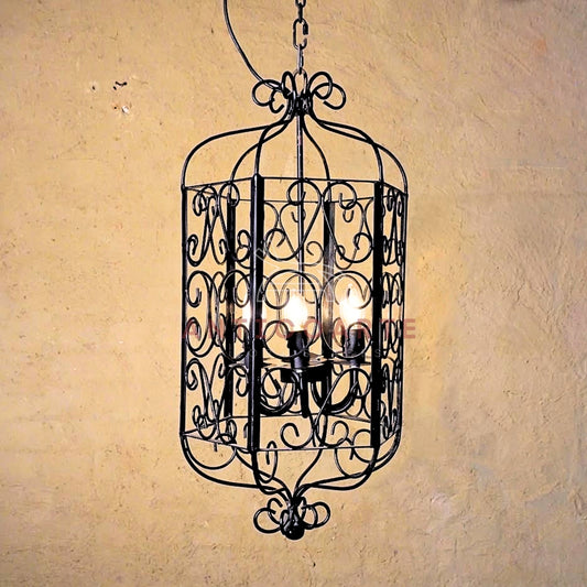 AnticoArte Scroll Cage Lantern Chandelier | Hand-Forged Black Iron Filigree Pendant Light | Gothic Victorian Birdcage Hanging Ceiling Light for Living Room, Corridor & Heritage Hotel Decor