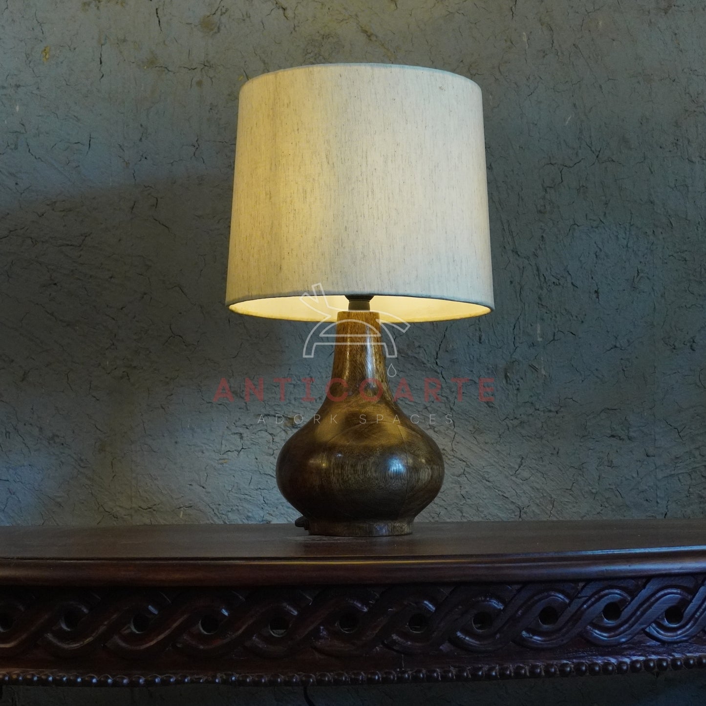 AnticoArte Teardrop Wood Table Lamp | Natural Linen Drum Shade Bedside Lamp | Hand-Turned Bulbous Wooden Base Table Light for Home & Hotel Decor