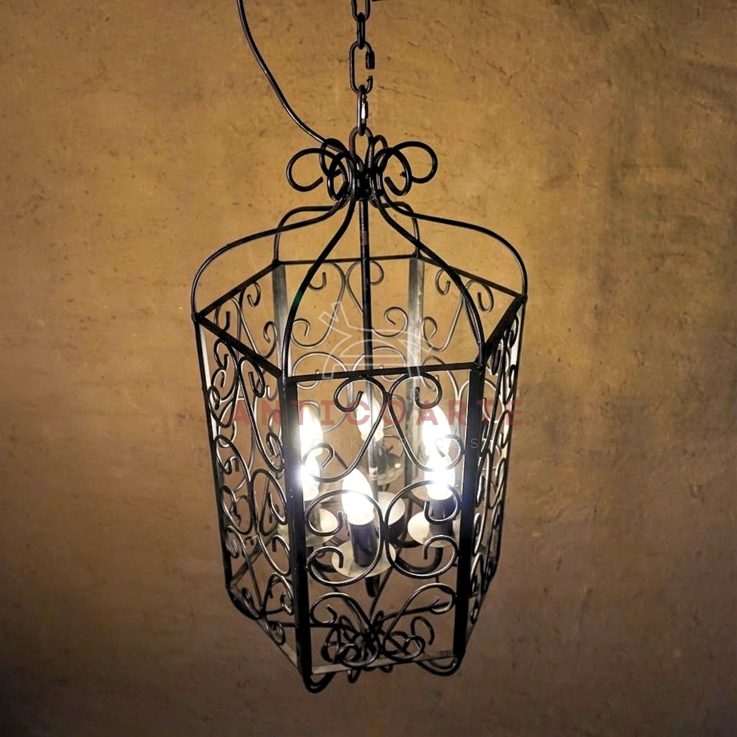 AnticoArte Scroll Cage Lantern Chandelier | Hand-Forged Black Iron Filigree Pendant Light | Gothic Victorian Birdcage Hanging Ceiling Light for Living Room, Corridor & Heritage Hotel Decor
