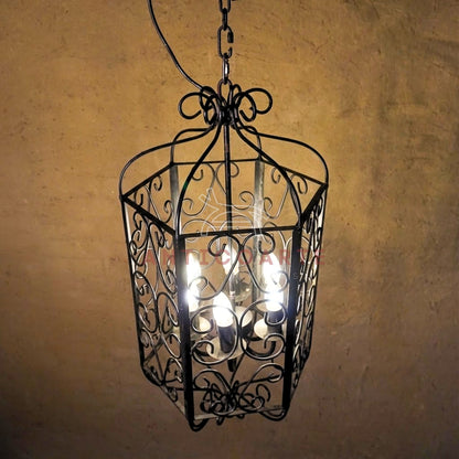 AnticoArte Scroll Cage Lantern Chandelier | Hand-Forged Black Iron Filigree Pendant Light | Gothic Victorian Birdcage Hanging Ceiling Light for Living Room, Corridor & Heritage Hotel Decor