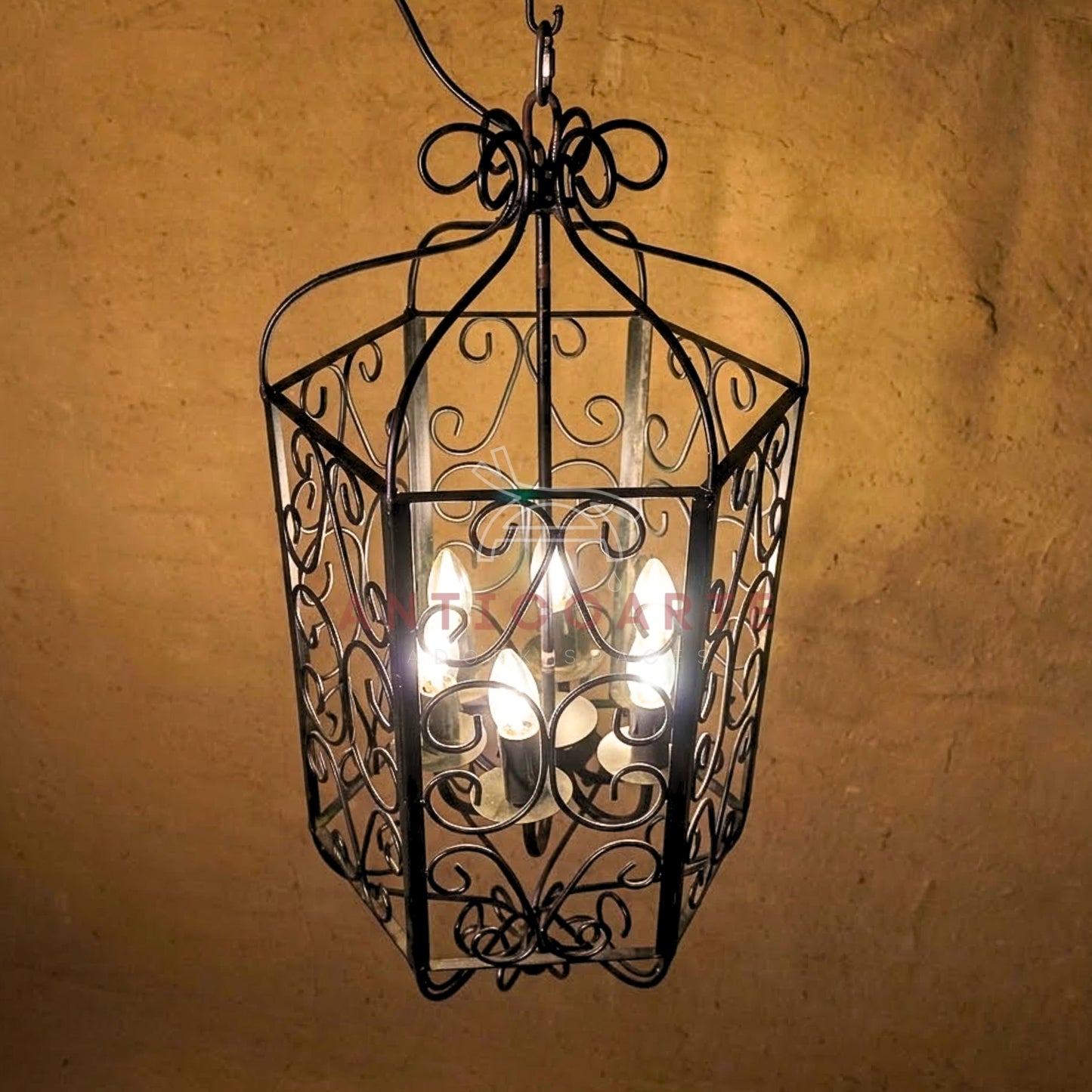 AnticoArte Scroll Cage Lantern Chandelier | Hand-Forged Black Iron Filigree Pendant Light | Gothic Victorian Birdcage Hanging Ceiling Light for Living Room, Corridor & Heritage Hotel Decor