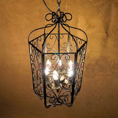 AnticoArte Scroll Cage Lantern Chandelier | Hand-Forged Black Iron Filigree Pendant Light | Gothic Victorian Birdcage Hanging Ceiling Light for Living Room, Corridor & Heritage Hotel Decor