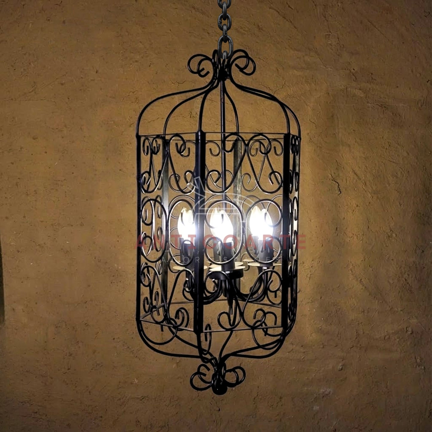 AnticoArte Scroll Cage Lantern Chandelier | Hand-Forged Black Iron Filigree Pendant Light | Gothic Victorian Birdcage Hanging Ceiling Light for Living Room, Corridor & Heritage Hotel Decor