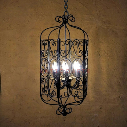 AnticoArte Scroll Cage Lantern Chandelier | Hand-Forged Black Iron Filigree Pendant Light | Gothic Victorian Birdcage Hanging Ceiling Light for Living Room, Corridor & Heritage Hotel Decor