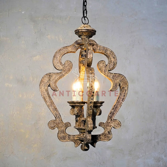 AnticoArte Baroque Scroll Crown Pendant Chandelier | Hand-Cast Antique Gold Distressed Iron Lantern | 4-Light Rococo Crown Ceiling Light for Living Room, Dining Room & Boutique Hotel Decor