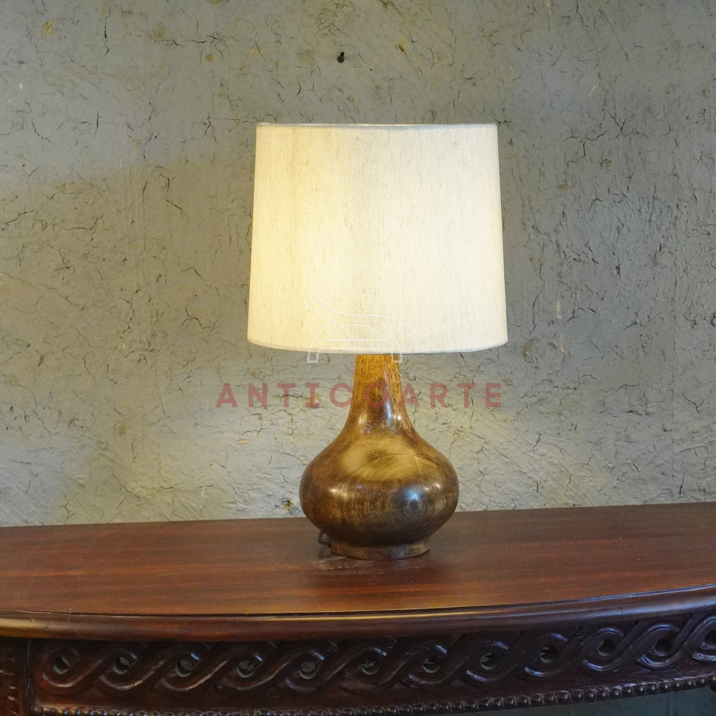 AnticoArte Teardrop Wood Table Lamp | Natural Linen Drum Shade Bedside Lamp | Hand-Turned Bulbous Wooden Base Table Light for Home & Hotel Decor