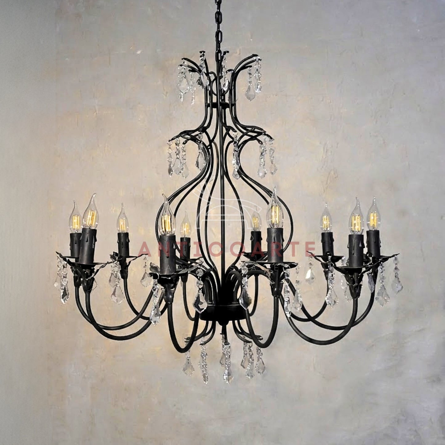 AnticoArte 10-Arm Grand Black Iron Crystal Chandelier | Hand-Forged Wrought Iron Candelabra with Crystal Drops | French Empire Statement Ceiling Light for Dining Room, Hotel Lobby & Heritage Décor