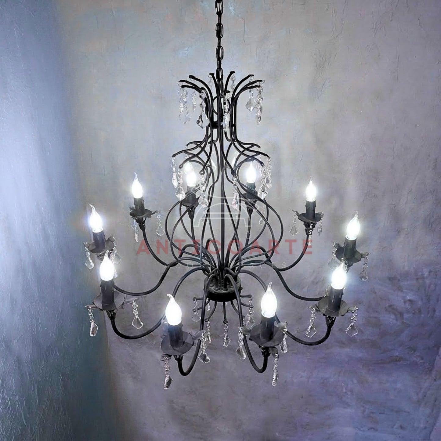 AnticoArte 10-Arm Grand Black Iron Crystal Chandelier | Hand-Forged Wrought Iron Candelabra with Crystal Drops | French Empire Statement Ceiling Light for Dining Room, Hotel Lobby & Heritage Décor
