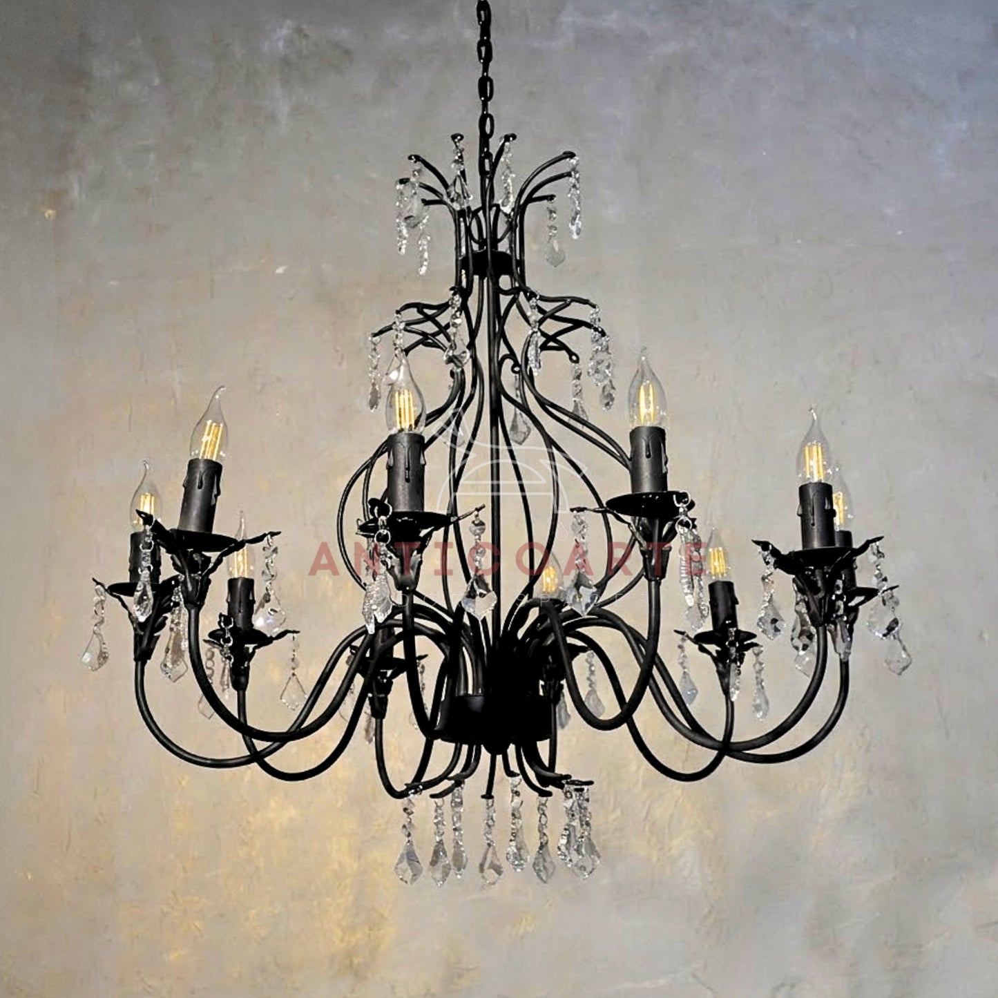 AnticoArte 10-Arm Grand Black Iron Crystal Chandelier | Hand-Forged Wrought Iron Candelabra with Crystal Drops | French Empire Statement Ceiling Light for Dining Room, Hotel Lobby & Heritage Décor