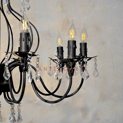 AnticoArte 10-Arm Grand Black Iron Crystal Chandelier | Hand-Forged Wrought Iron Candelabra with Crystal Drops | French Empire Statement Ceiling Light for Dining Room, Hotel Lobby & Heritage Décor