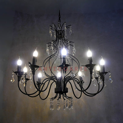 AnticoArte 10-Arm Grand Black Iron Crystal Chandelier | Hand-Forged Wrought Iron Candelabra with Crystal Drops | French Empire Statement Ceiling Light for Dining Room, Hotel Lobby & Heritage Décor