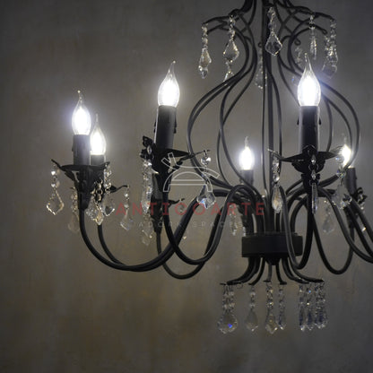 AnticoArte 10-Arm Grand Black Iron Crystal Chandelier | Hand-Forged Wrought Iron Candelabra with Crystal Drops | French Empire Statement Ceiling Light for Dining Room, Hotel Lobby & Heritage Décor