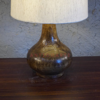 AnticoArte Teardrop Wood Table Lamp | Natural Linen Drum Shade Bedside Lamp | Hand-Turned Bulbous Wooden Base Table Light for Home & Hotel Decor