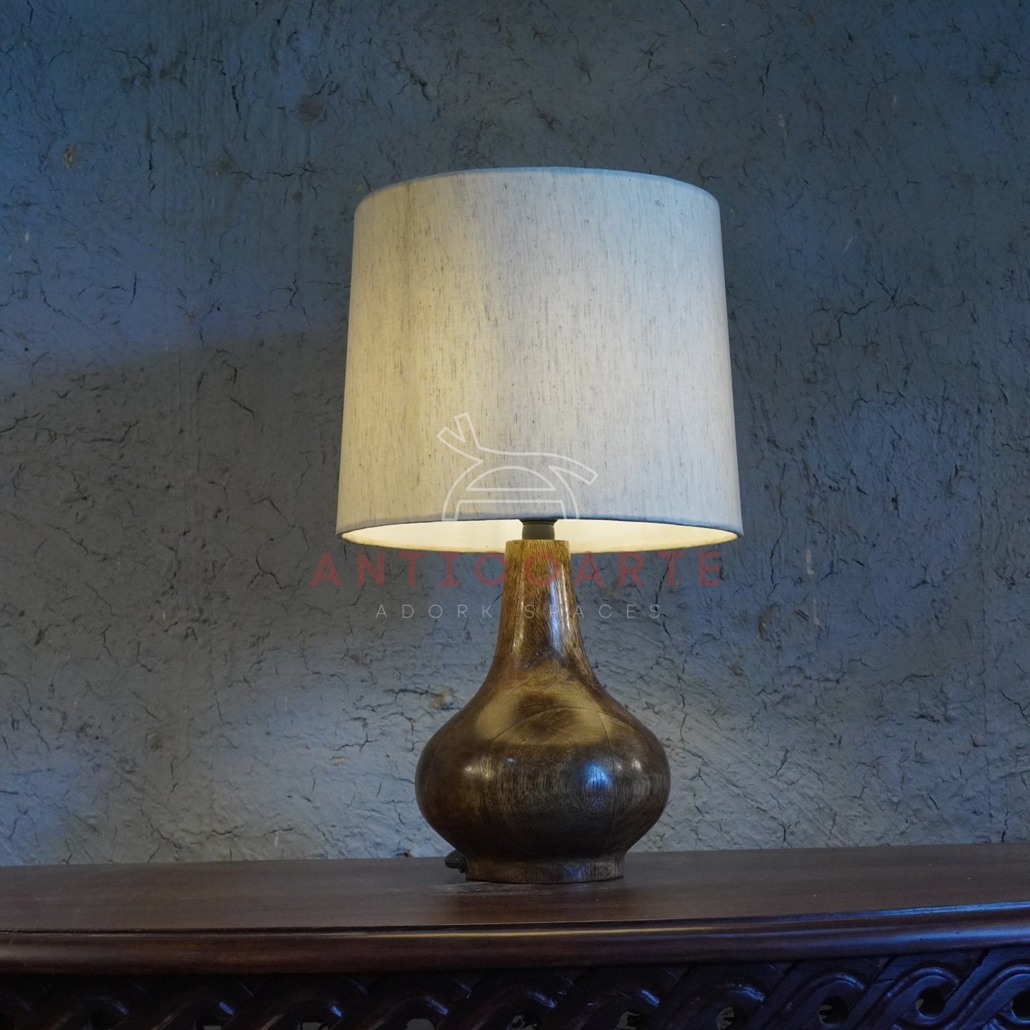 AnticoArte Teardrop Wood Table Lamp | Natural Linen Drum Shade Bedside Lamp | Hand-Turned Bulbous Wooden Base Table Light for Home & Hotel Decor