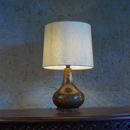 AnticoArte Teardrop Wood Table Lamp | Natural Linen Drum Shade Bedside Lamp | Hand-Turned Bulbous Wooden Base Table Light for Home & Hotel Decor