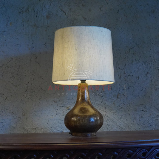 AnticoArte Teardrop Wood Table Lamp | Natural Linen Drum Shade Bedside Lamp | Hand-Turned Bulbous Wooden Base Table Light for Home & Hotel Decor