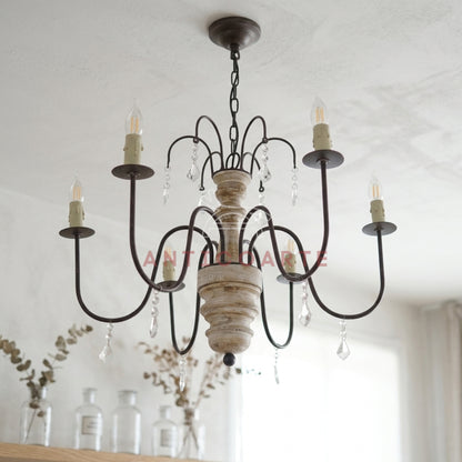 AnticoArte 6-Arm Whitewashed Wood Crystal Chandelier | Two-Tier French Country Candelabra Ceiling Light | Farmhouse Wooden Chandelier with Crystal Drops for Dining Room & Living Room Décor
