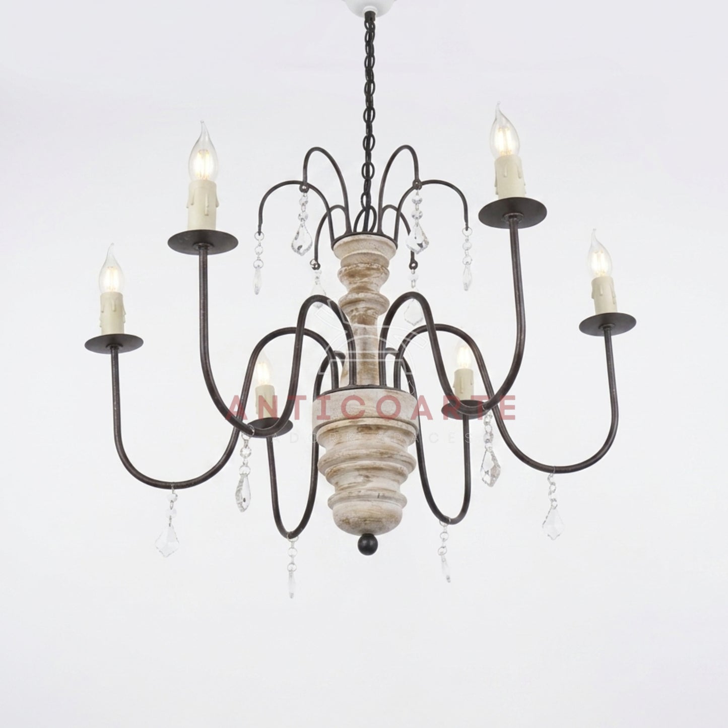 AnticoArte 6-Arm Whitewashed Wood Crystal Chandelier | Two-Tier French Country Candelabra Ceiling Light | Farmhouse Wooden Chandelier with Crystal Drops for Dining Room & Living Room Décor